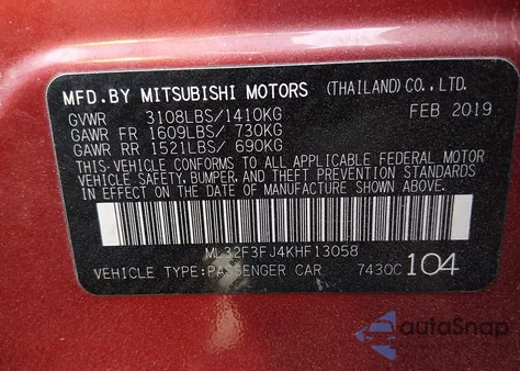 2019 Mitsubishi Mirage G4 Rf from USA, damaged, VIN ML32F3FJ4KHF13058